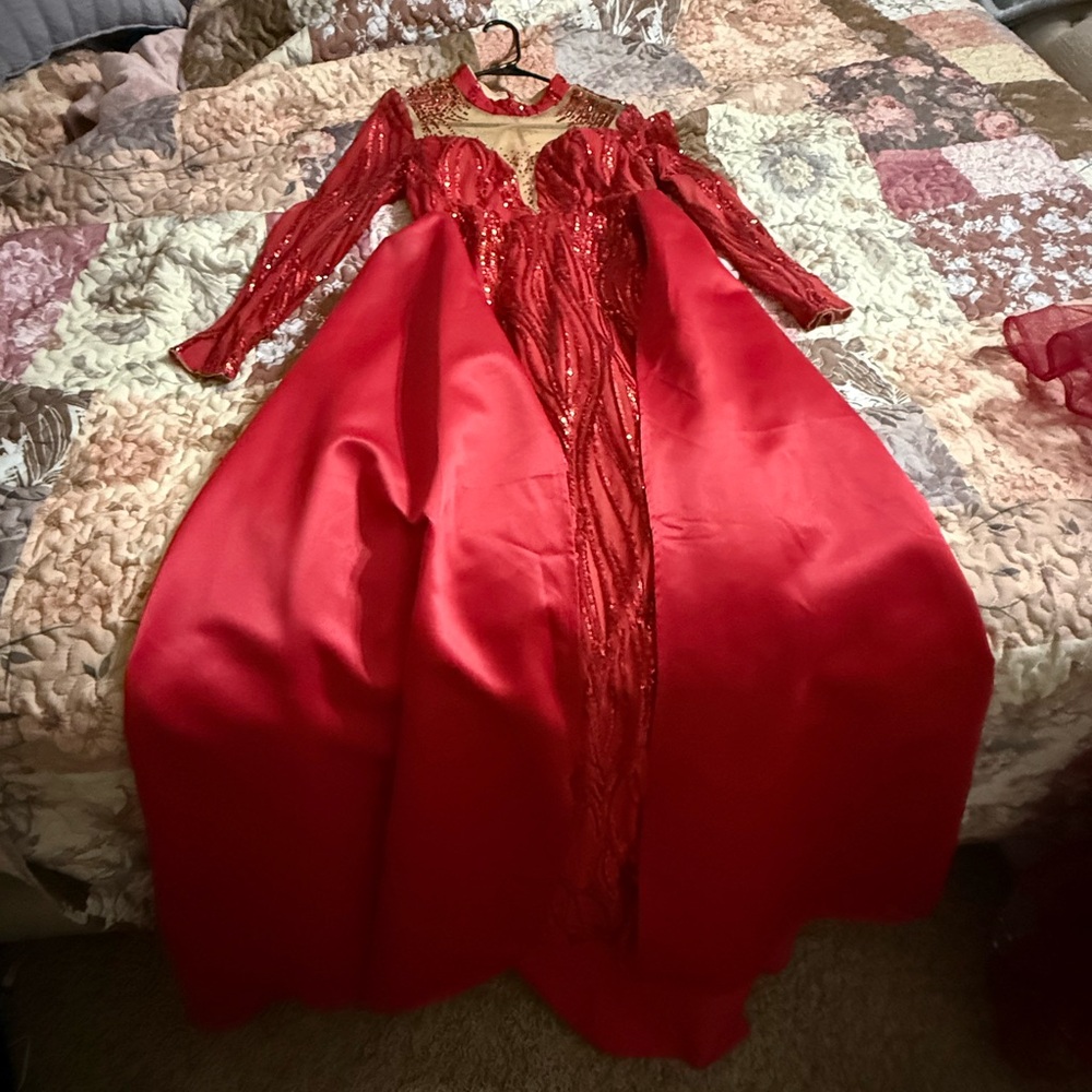SHEIN Red Satin & Sequin Long Sleeve Ball Gown